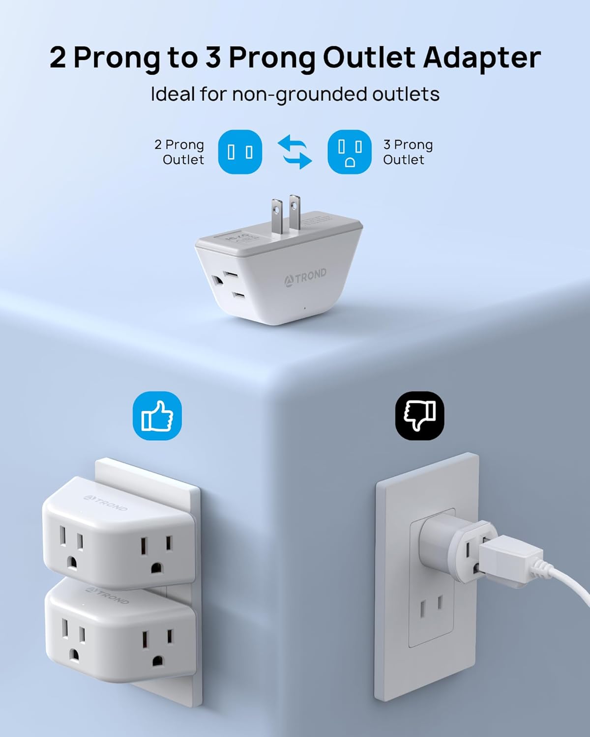 TROND 2 Prong to 3 Prong Outlet Adapter 2 Pack, 3-Way Angled Wall Extender with 3 AC Sockets, Plug Expander for Non-Grounded Outlets in Old House, Cruise Ship Essentials, White