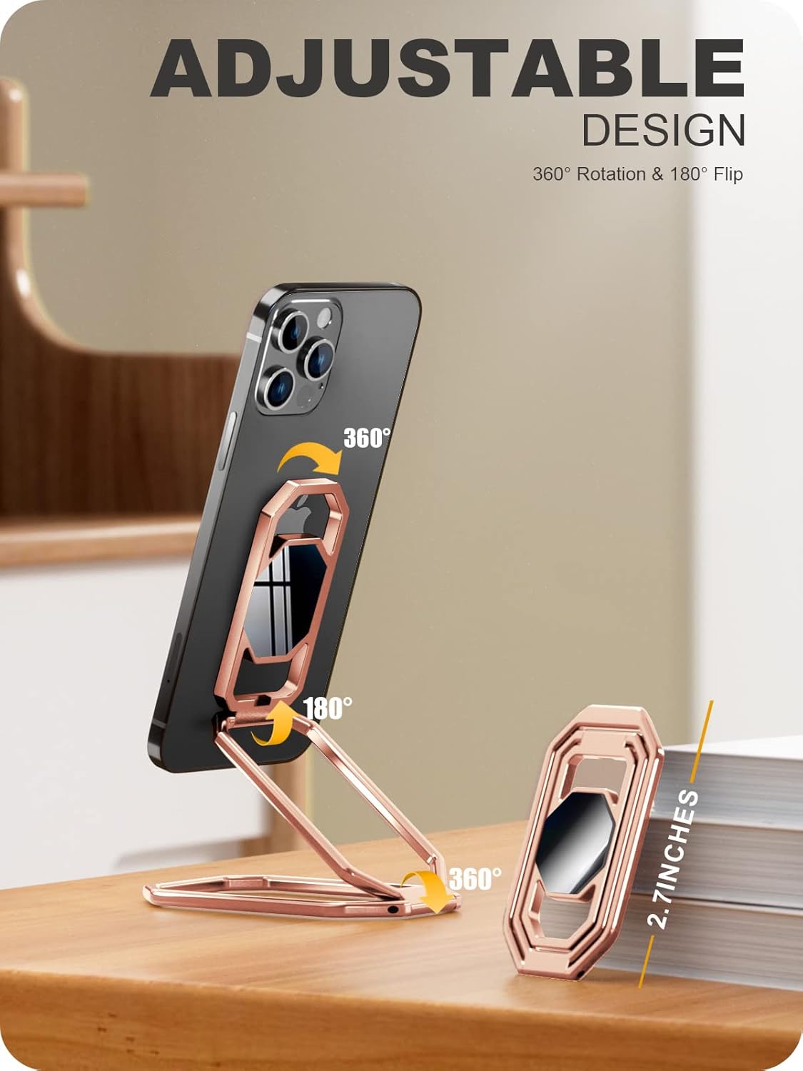 A-LuGei 𝗙𝗼𝗹𝗱𝗮𝗯𝗹𝗲 & 𝗔𝗱𝗷𝘂𝘀𝘁𝗮𝗯𝗹𝗲 Cell Phone Ring Holder Stand, Phone Kickstand for Desk, Cell Phone Holder for Hand, Ring for Back of iPhone, Metal Phone Grip for Magnetic Car Mount