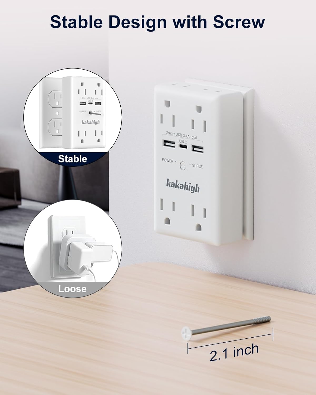 Wall Outlet Extender with Screw, 8 Way Outlets with 1680J Surge Protected, Multi Plug Wall Outlet with USB Ports, LED Indicator, 1875W Wall Mounted Surge Protectors for Dorm Room Office Kitchen