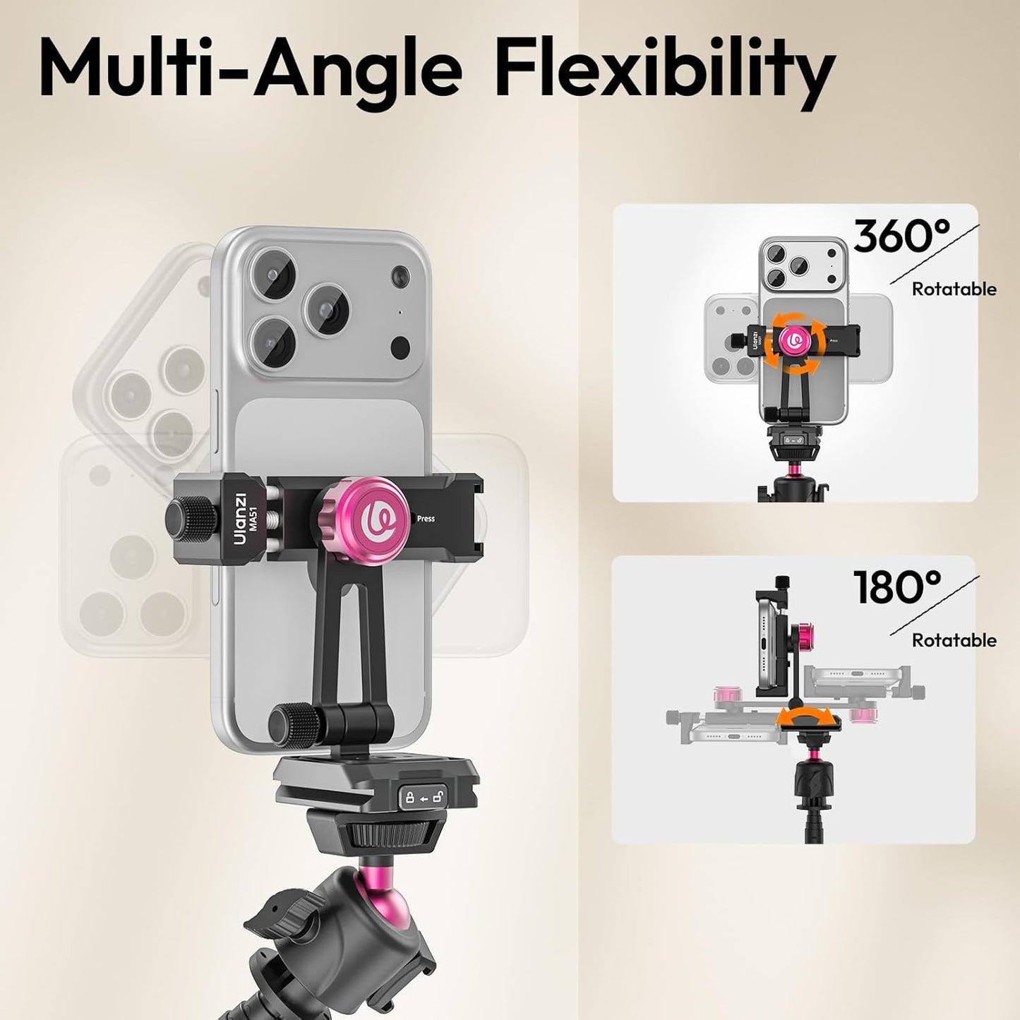 ULANZI MA51 Metal Phone Tripod Mount, Phone Clamp with Arca UKA Base, Cold Shoe, Arri Locating Holes, 360° Swivel 180° Tilt, Cell Phone Holder Compatible with iPhone 17 16 15 14 Samsung Cell Phone