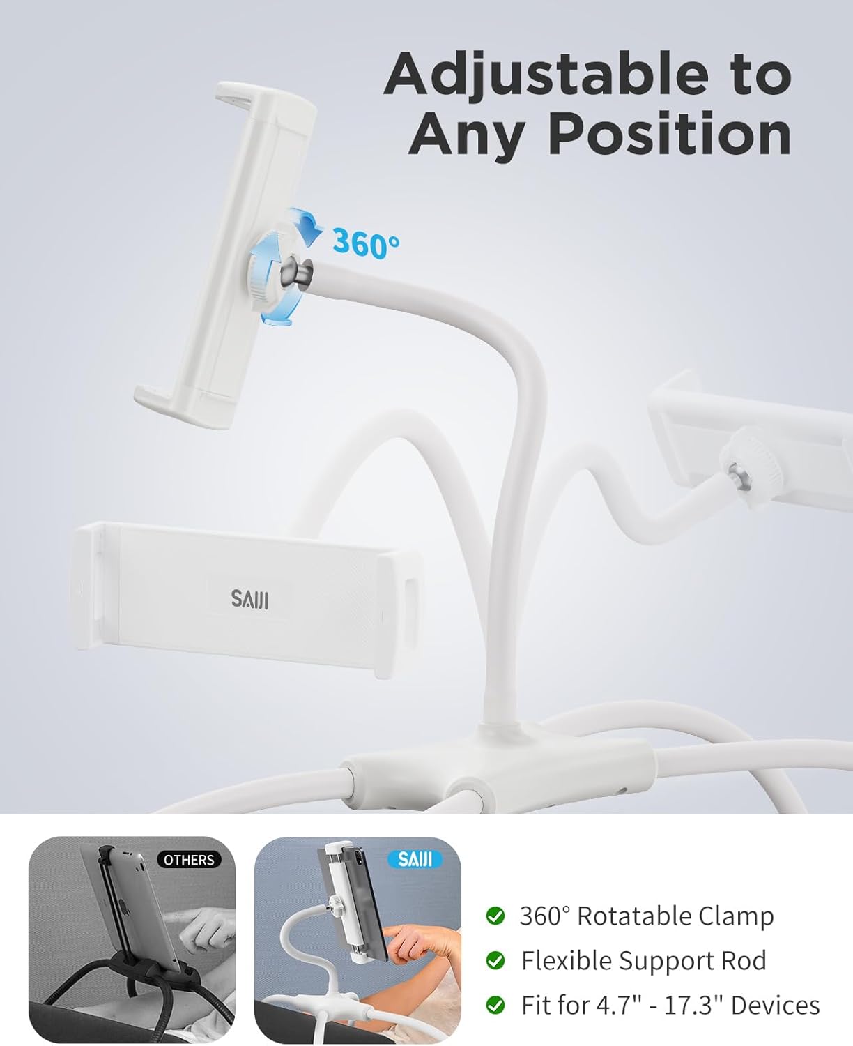 SAIJI iPad Stand, Adjustable Ergonomic Tablet Holder for Bed, Kindle Stand for Reading in Bed Fit for Tablet, Phone, Kindle, Portable Monitor, Switch and More 4.7"-17.3" Devices (White)