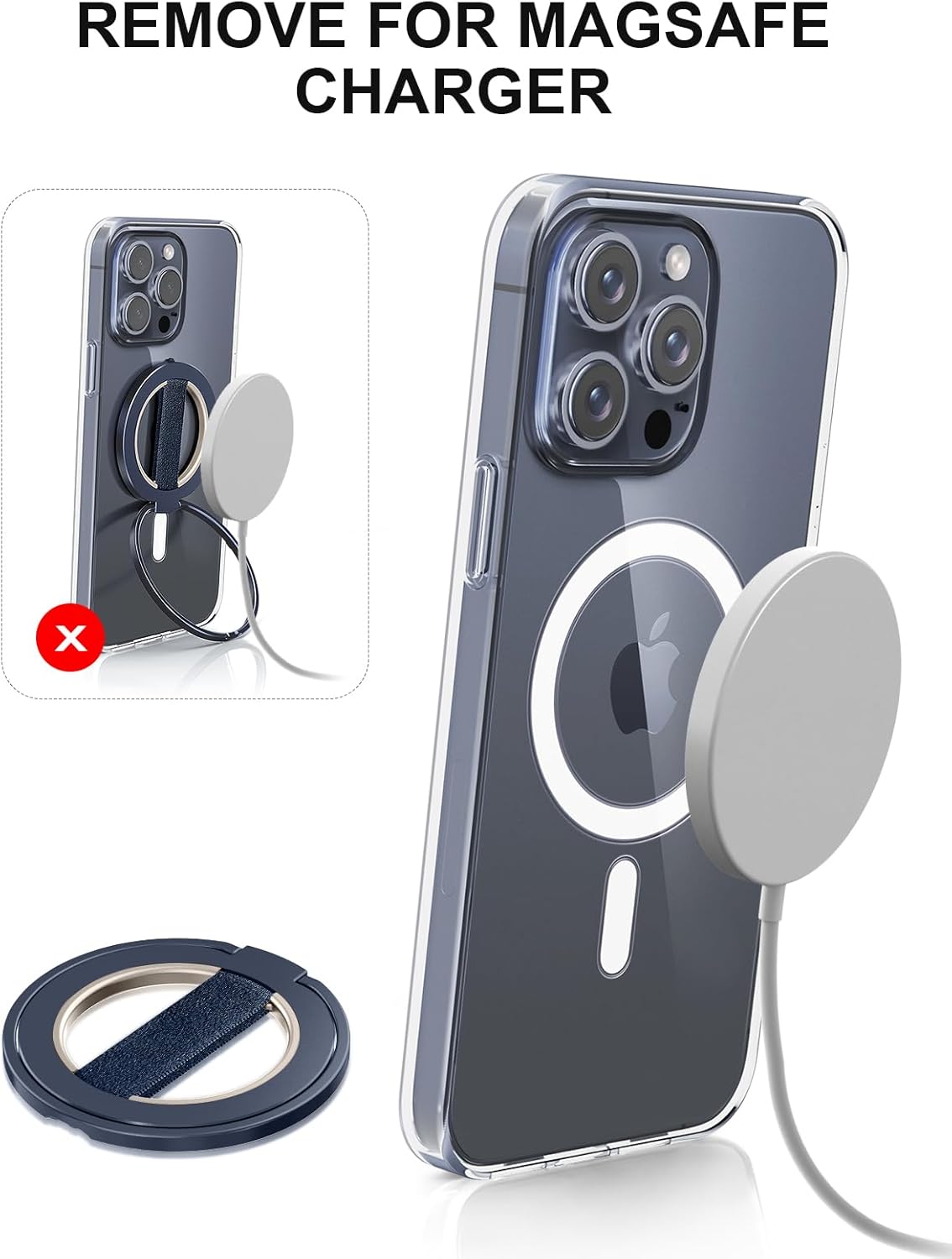 EWA MagOne Ultra Phone Grip Stand with Replaceable Elastic Finger Loop, Removable Magnetic Ring Holder Kickstand Loop, Double-Sided Magnetic Accessories for iPhone 16, 15, 14, 13 Pro/Max/Plus-Blue