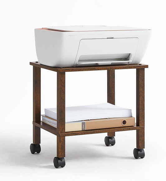 2 Tier Printer Stand with Storage,Under Desk Shelf Printer Table, Rolling Printer Cart for Office,Home,Brown