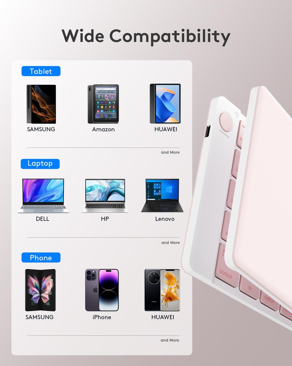 Samsers Bluetooth Foldable Keyboard - Wireless Portable Folding Keyboard, Full-Size Ultra-Slim Rechargeable Connect Up to 3 Devices for iOS, Android, Windows Phone, Tablet, Laptop - Pink