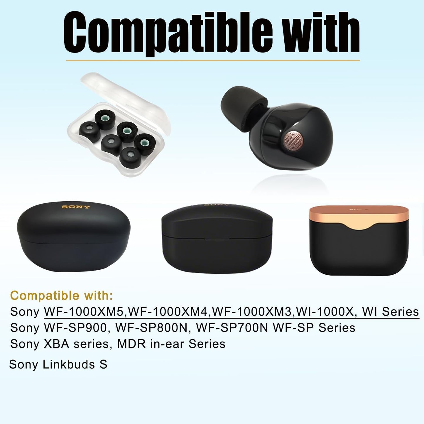 Memory Foam Ear Tips for Sony WF-1000XM5 Filter Screen Earbuds Tips for WF-1000XM5 WF-1000XM4 Earbuds Case, 3 Pairs Large Black