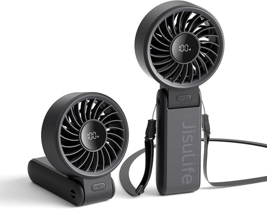 JISULIFE Handheld Fan Life7 – Ultimate Flexibility: High-Power Motor, LED Display, 13 Hrs Cooling, 3600mAh Rechargeable, 5-Speed, Foldable Design, 3-IN-1 Portable Fan for Travel Cruise Beach(Black)