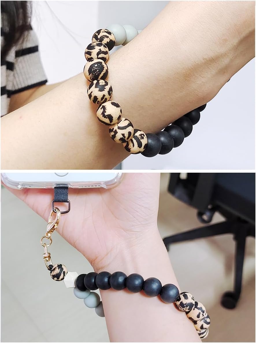 Marble Silicone Beaded Phone Wrist Strap, Cellphone Lanyard with Tether Tab, Elastic Hands-Free Wristlet Bracelet