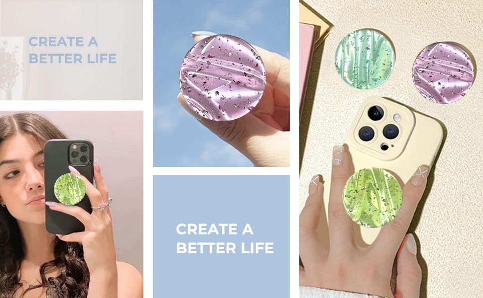 3 Pack Fashionable Clear Glitter Expandible Collapsible Moblile Phone Grip Stand Holder for Smartphones and Tablets Cell Phone Accessory- 2 (Mix Colorful Glitter Green Purple)