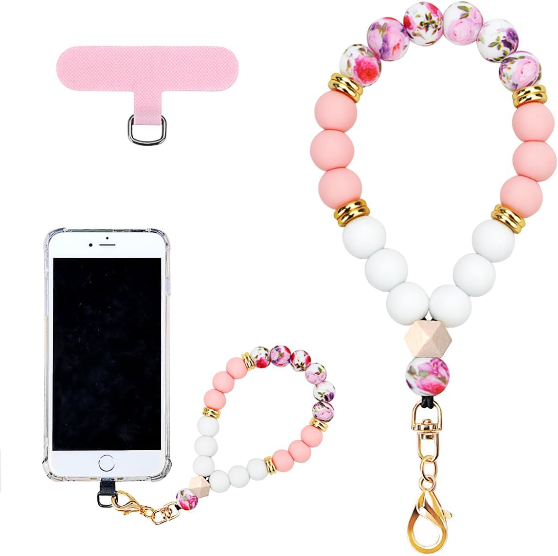 Marble Silicone Beaded Phone Wrist Strap, Cellphone Lanyard with Tether Tab, Elastic Hands-Free Wristlet Bracelet
