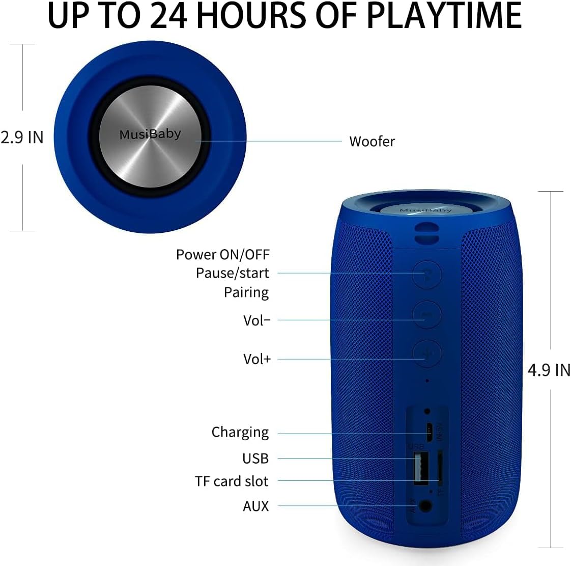 Bluetooth Speaker,MusiBaby Wireless,Waterproof,Outdoor,Portable Speaker,Dual Pairing,Loud Stereo,Booming Bass,24H Playtime Wireless Speakers for Home,iPhone,Party,Gifts(Blue)