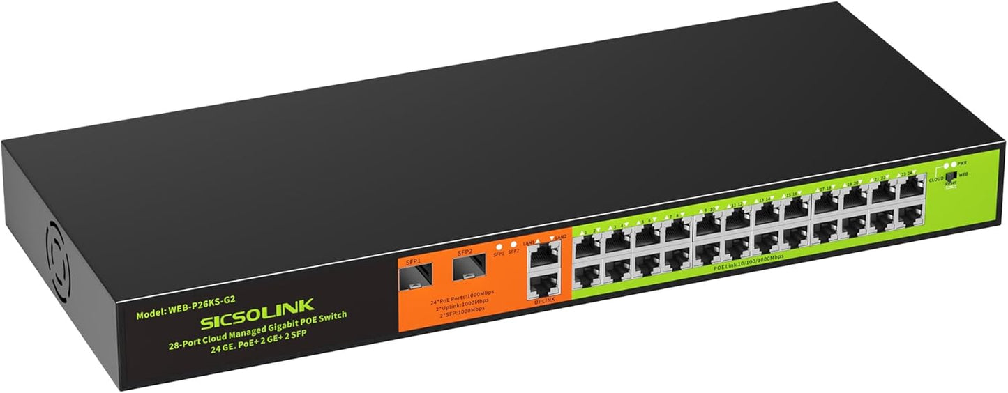 24 Port Gigabit POE+ Switch, Easy Smart Cloud Managed Swtich, 24*POE+ RJ45 Ports@ 360W with 2 UPLINK and 2*1G SFP, Rackmount, Port Mirroring for Small Bessiness, Metal Case, Vlan.