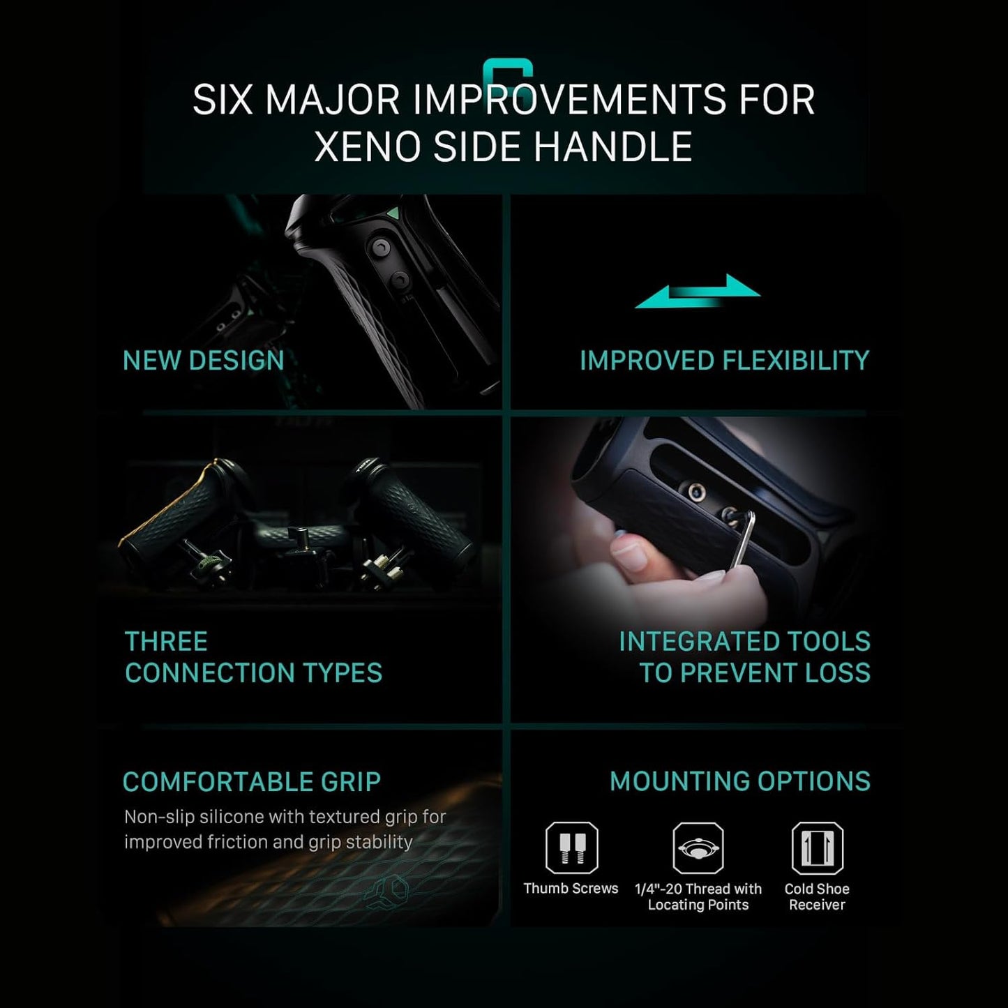 Tilta Xeno Side Handle for Filmmakers & Cameras - Titanium Gray | Secure Connection & Helps Prevent Rotation | Adjustable Height | Textured Silicone Grip | Easy Assembly (1/4″-20 w/Locating Pins)