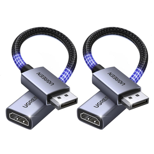 UGREEN 2 Pack 4K DisplayPort to HDMI Adapter, Unidirectional DP 1.2 PC to HDMI 1.4 Converter Braided Cable Male to Female for Desktop, Projector, Monitor, Compatible with AMD, NVIDIA, Passive, 0.66FT