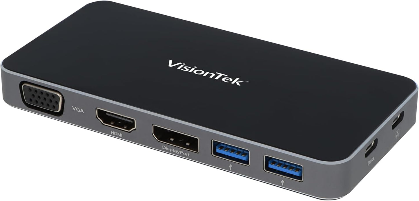 VisionTek VT200 Portable USB-C Dual Monitor Hub - 1x DP, 1x HDMI, 1x VGA, 2X USB-A Ports, 1x USB-C for Windows/MacOS/ChromeOS/iOS