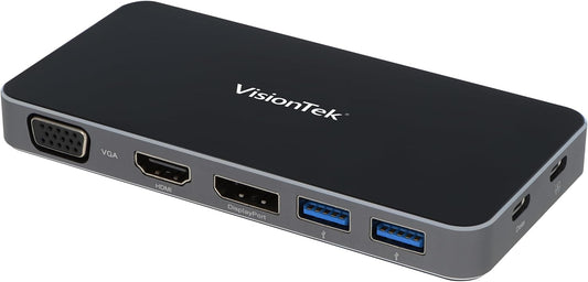 VisionTek VT200 Portable USB-C Dual Monitor Hub - 1x DP, 1x HDMI, 1x VGA, 2X USB-A Ports, 1x USB-C for Windows/MacOS/ChromeOS/iOS