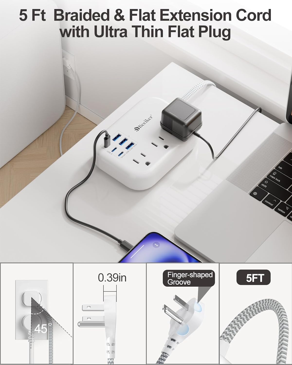 6 USB(3 USB C) Power Strip- Travel Power Strip with 6 USB Desktop Charging Station 24W/4.8A and 3 Outlets, 5Ft Flat Plug Braided Extension Cord, Non Surge Protector for Cruise Ship Travel Office Dorm