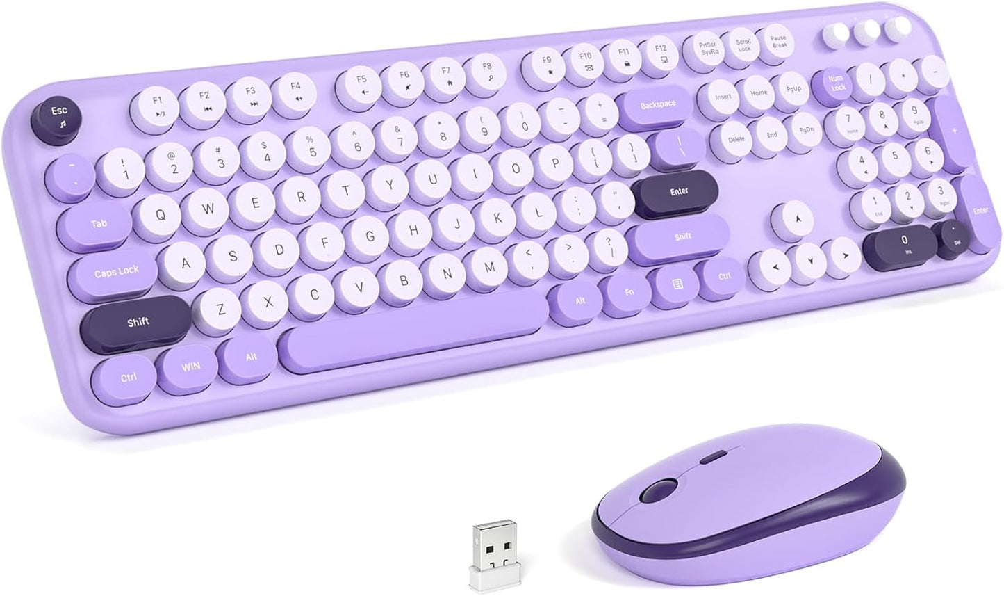 KNOWSQT Wireless Keyboard and Mouse Combo - Lovely Violet Rainbow Full-Sized Typewriter Colorful Keyboards, Round Keycap USB Plug Play Retro Cute Keyboards for Windows, Laptop, PC, Desktop, Computer