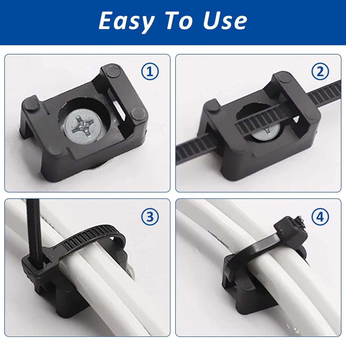 Cable Zip Tie Mounts Kit - 240 Set Wire Cable Clips Organizer Holders with 8" Cable Ties, Saddle Type Mounts Base and Tapping Screw