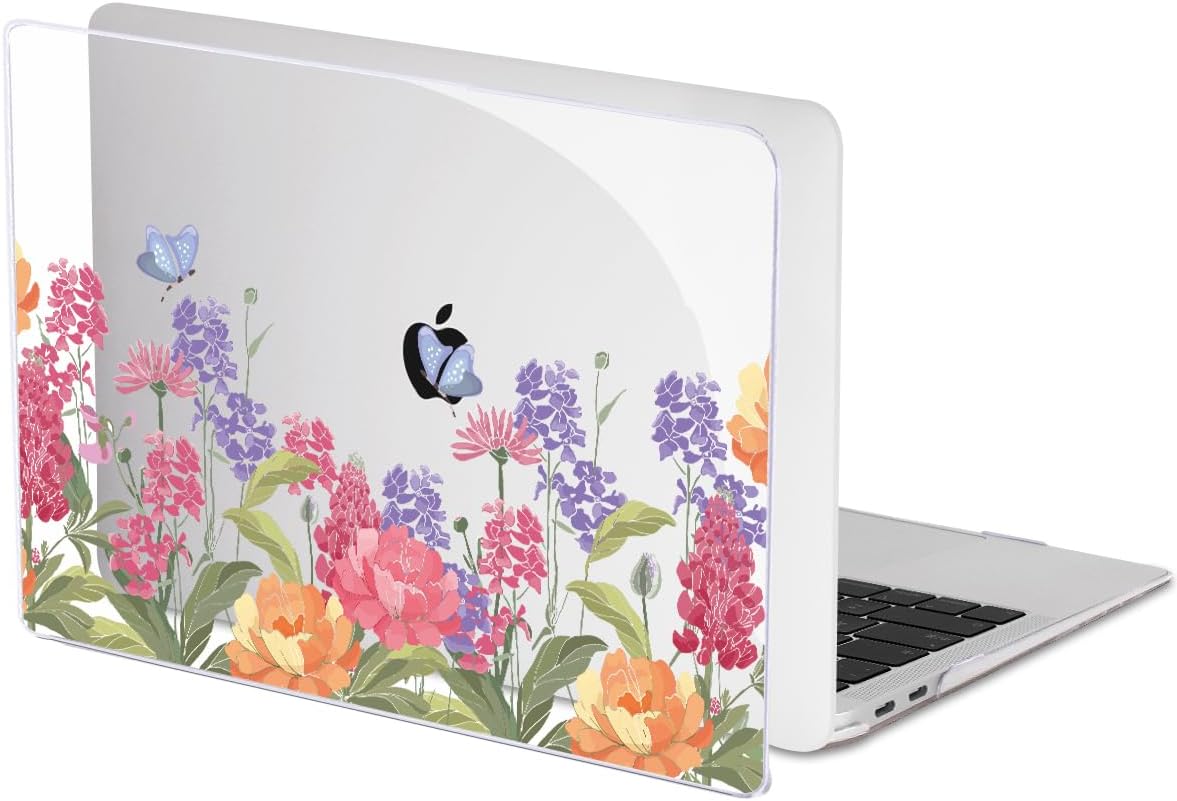 for MacBook Air 13 inch M1 Case 2021 2020 2019 2018 (Model M1 A2337 A2179 A1932) with Touch ID & Retina Display, Printed Pattern Hard Shell Case Keyboard Cover, Pink & Purple Flowers