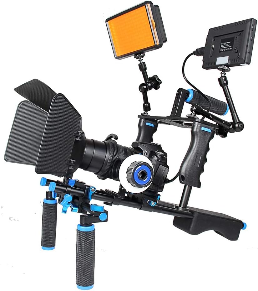 Shoulder Rig Stabilizer Kit, Aluminum Alloy Camera Stabilizer Cage with Top Handle Follow Focus Rods Shoulder Rig 1/4 3/8 Screw