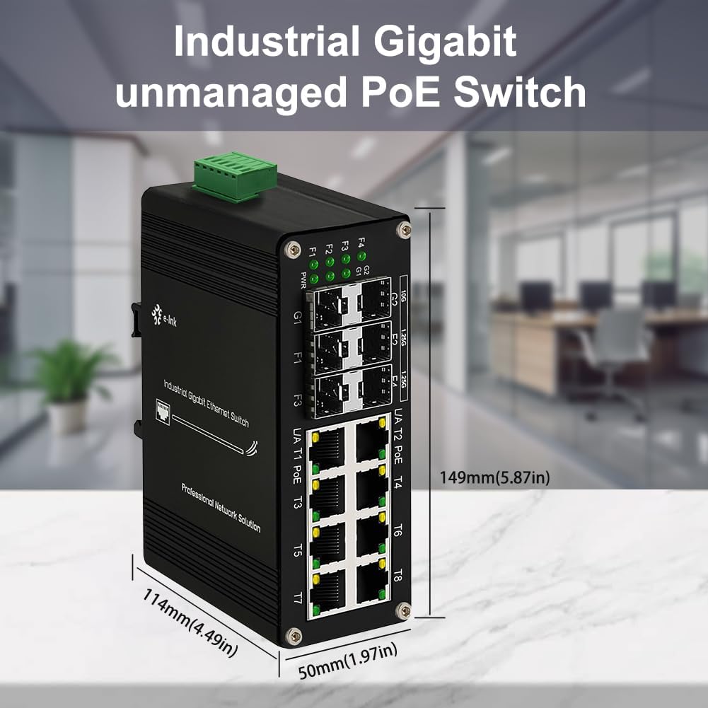 Industrial 8-Port Gigabit Ethernet Plus Switch with 2x10G SFP+ and 4x1.2.5G SFP, 10/100/1000Mbps, DIN Rail Mount Unmanaged Ethernet Fiber Switch
