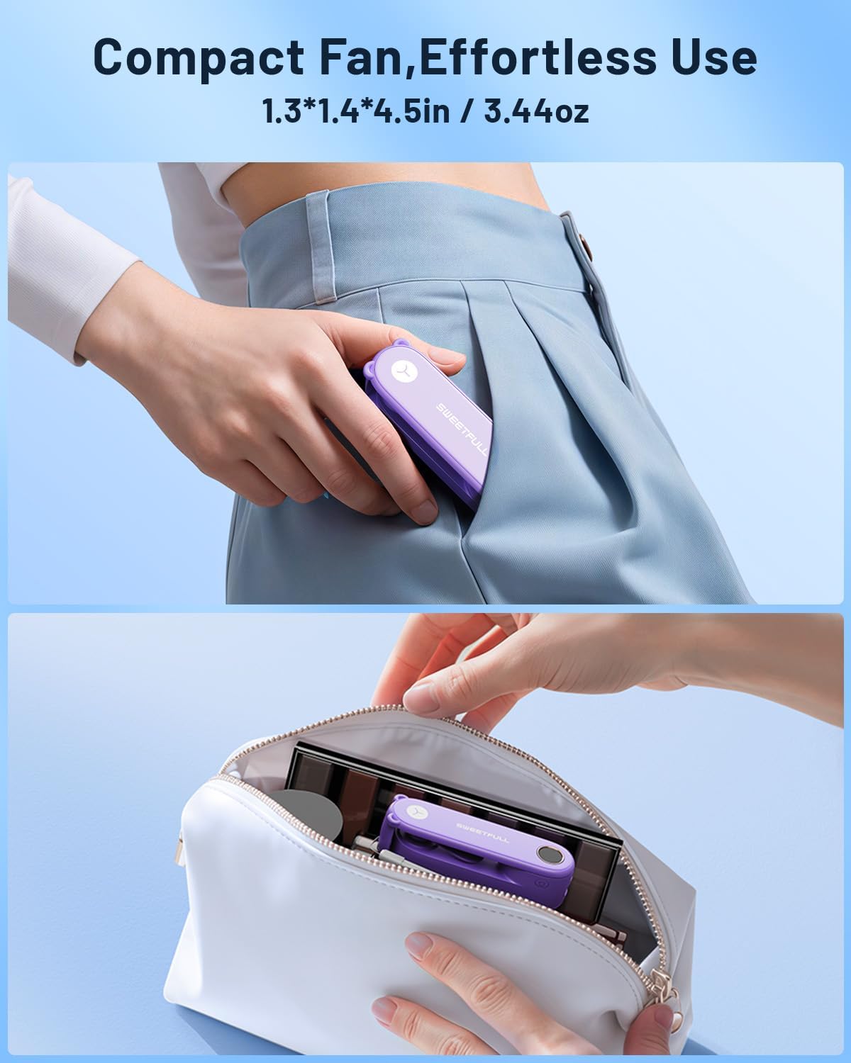 SWEETFULL Portable Handheld Mini Fan with LED Display, 3-in-1 Personal Foldable USB Rechargeable Hand Held Fan & Flashlight for Travel, Lash Eyelash, Cute Small Pocket for Women, Girls