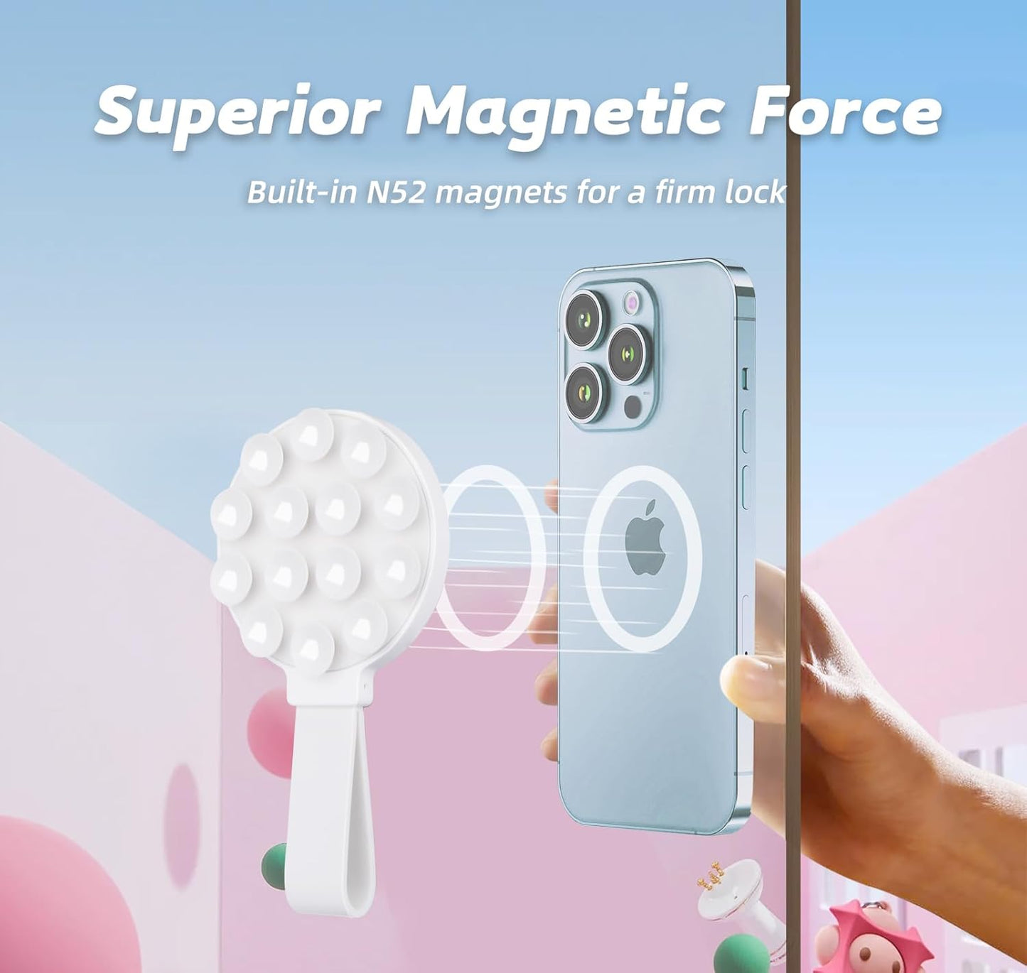 Magnetic Suction Phone Case Mount, Silicone Suction Cup Grip Stand for MagSafe Case, Hands-Free Phone Holder for iPhone 16/15/14 Pro Max, TikTok Videos, Selfies, Women Gift (Light Pink)911001A (White)