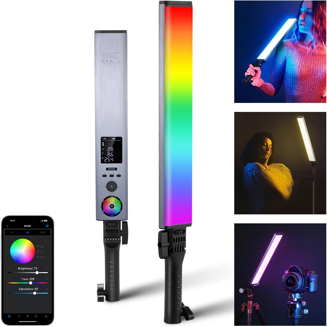 NEEWER RGB Light Wand with 2.4G/APP Control, Upgraded 360° Touchable RGBWW Hue Mixer Photography Handheld LED Video Lighting Stick with 2500K-10000K, CRI/TLCI97+, 18 Scenes, 7.4V/31Wh Battery, BH-30S