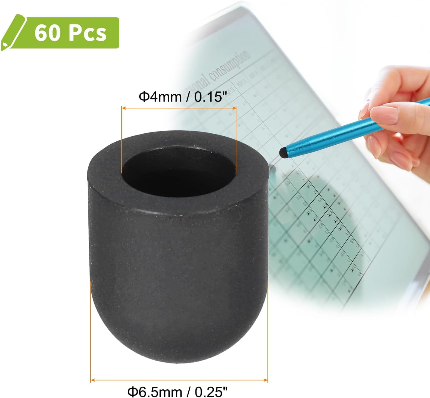 MECCANIXITY 60Pcs Replacement Stylus Pen Tips 6.5mm Conductive Capacitive Touch Screen Pens Tips Silicone Rubber, Black