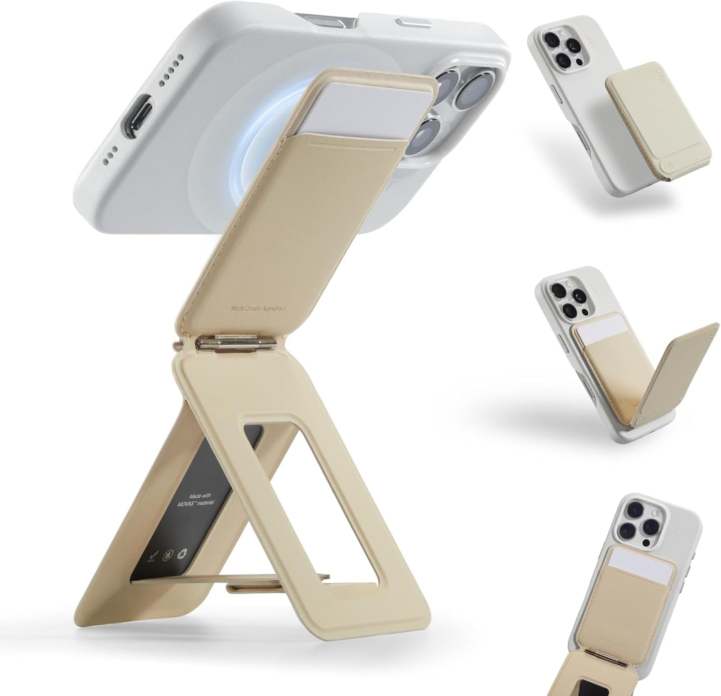 MOFT Phone Tripod Wallet, 3 in 1 Phone Stand MagSafe Wallet, NFC-Supported Magnetic Phone Stand, MOVAS Vegan Leather Adjustable Card Holder, Earthen Beige