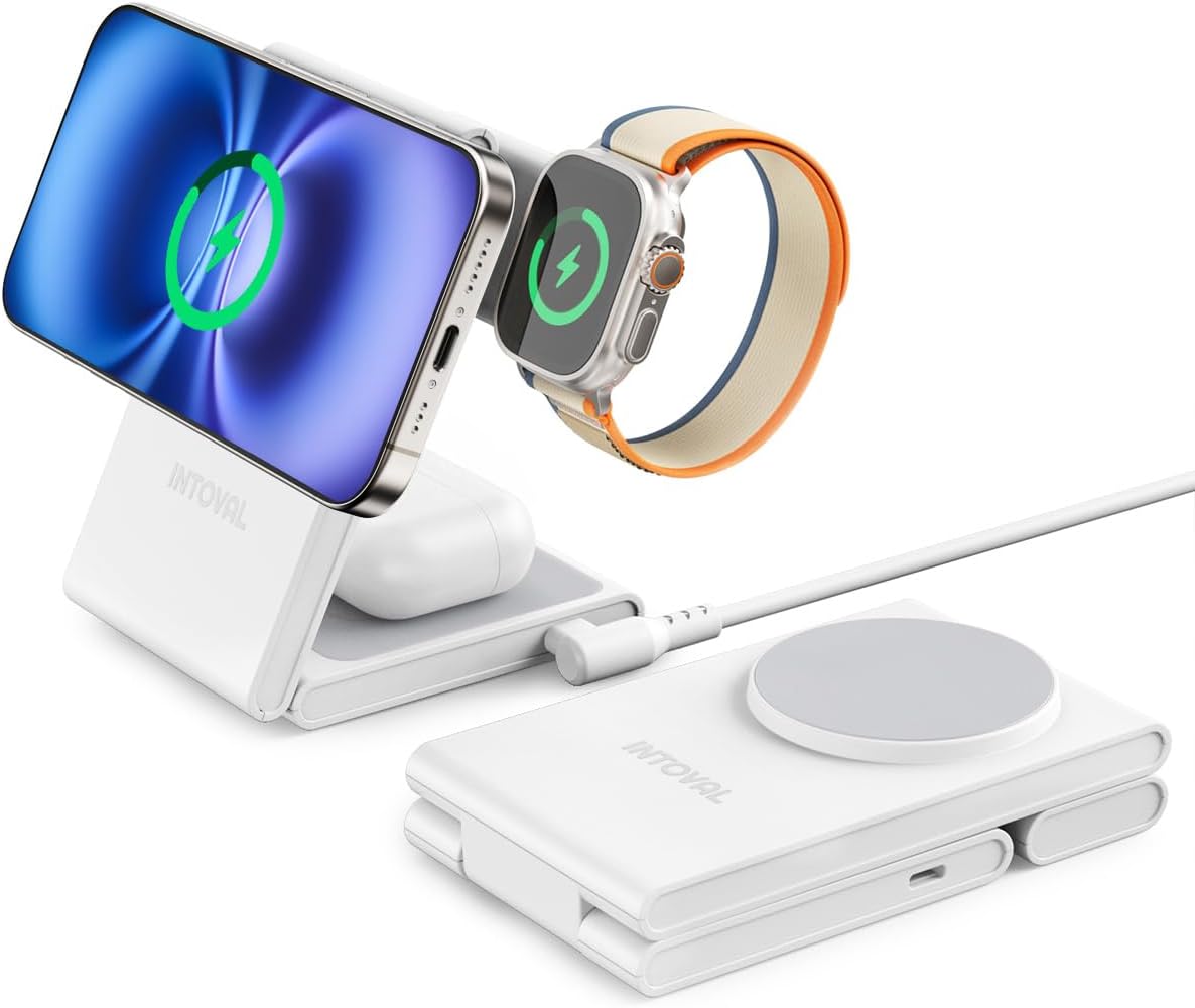 Intoval 3-in-1 Magnetic Charging Station, Travel Foldable Charging Dock for Magsafe iPhone 16 to 12(Plus/Pro/Pro Max), Apple Watch and AirPods, Desk and Bedside Trio Magnetic Stand (M5, White)