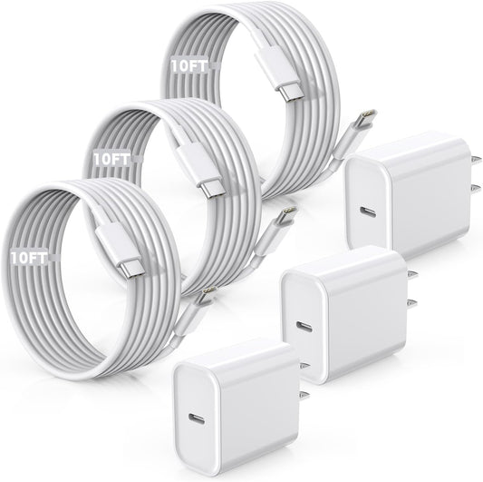 Fast Charger for iPhone 16/15 Charger,10FT Extra Long Fast Charging 3Pack USB-C Wall ChargerBlock USB C To USB C Fast Charging Cable Cord for iPhone 16 Pro Max/iPhone 15 Pro/15 Plus,iPad Pro/Air/Mini