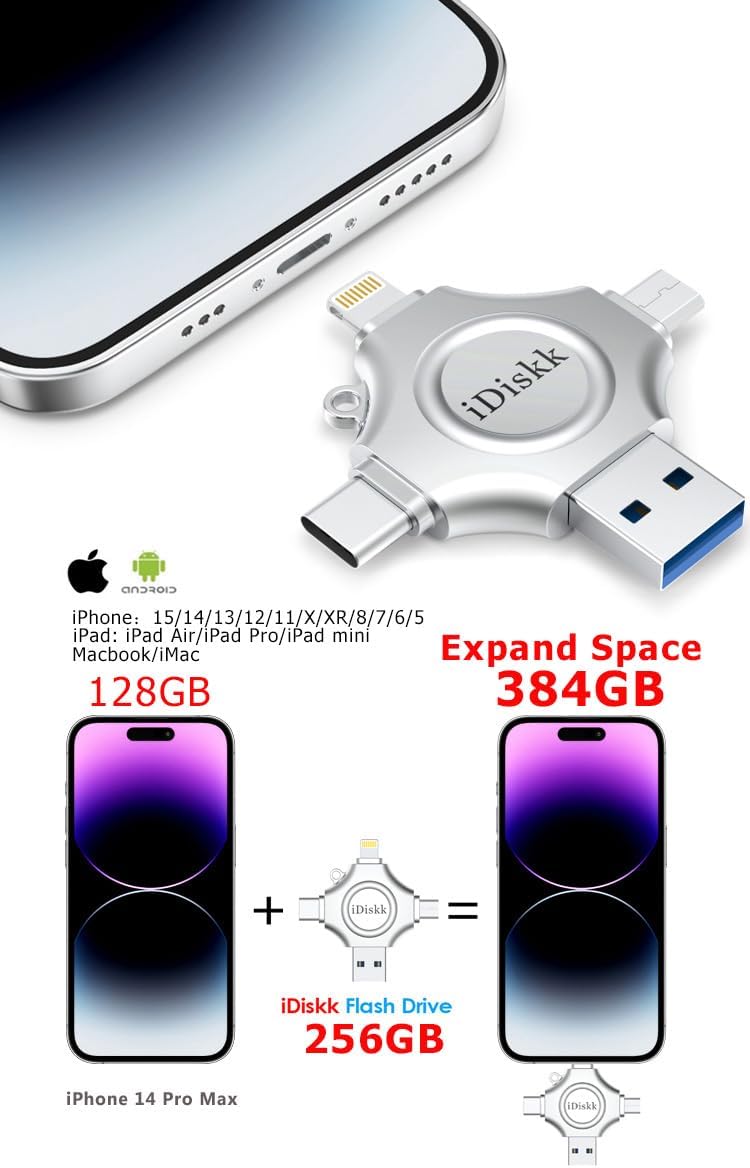 256GB App-le Certified iPhone 15 16 iDiskk FLASHDRIVE 256GB USB C Thumb Drive Photo Stick for iPhone iPad Android Samsung Flash Drive for iPhone Photos 16 15/14/13/12/12 pro/12 mini Storage