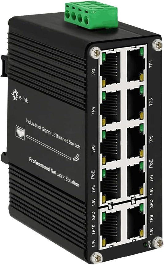 Mini Industrial 8-Port 10/100/1000T 802.3at PoE + 2-Port 10/100/1000T Din Rail Mount Compact Ethernet Switch, 48~57V DC Unmanaged Network Switch 20Gbps Switching Capacity
