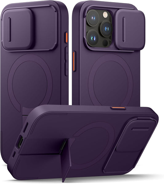 SURITCH for iPhone 15 Pro Case with Magnetic Camera Slide Cover and Adjustable Kickstand, Compatible with MagSafe, Shockproof Bumper Case Slim Protective Cover 6.1 Inch, Dark Purple