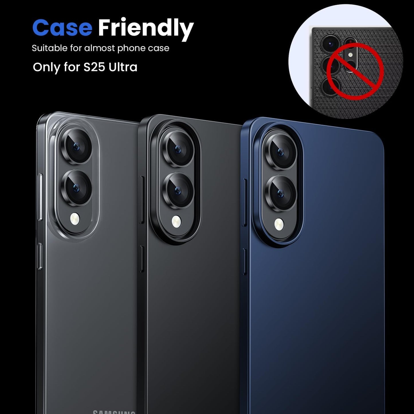 WSKEN for Samsung Galaxy S25 Edge Camera Lens Protector - Edge Thin Case Friendly, 9H Shatterproof Tempered Glass with Aluminum Metal Circle Camera Screen Protector Cover Accessories, Black