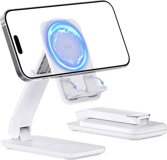 iWALK Magnetic Cell Phone Stand for Desk, Angle and Height Adjustable Mobile Phone Holder, Foldable Magnet Stand for iPhone 16 15 14 13 12 Pro Max and iPad, Cell Phone Holder for Samsung Galaxy, White