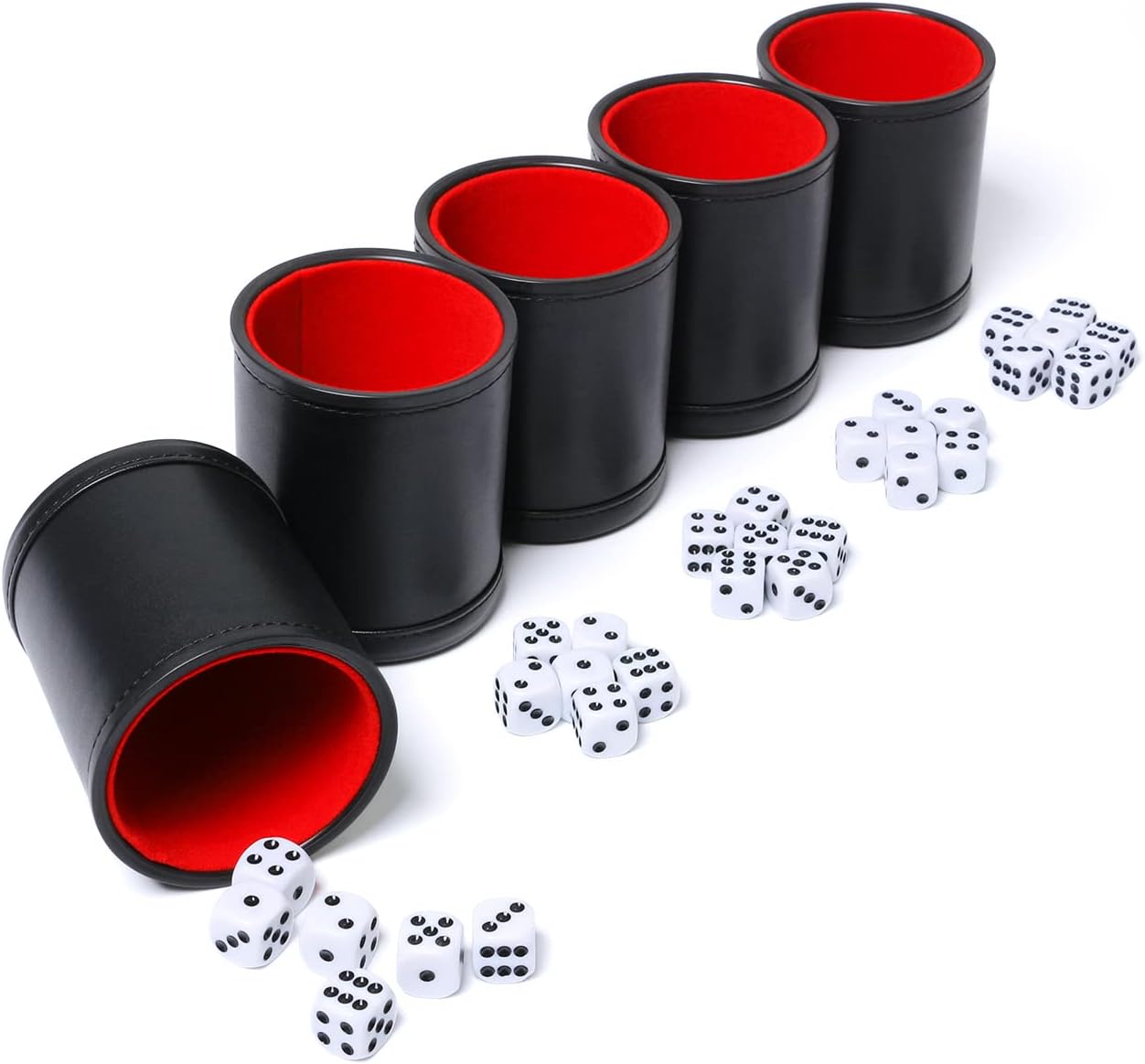 Leatherette Dice Cup Set Red Felt Lined Shaker with 6 Dot Dices for Yahtzee Farkle Bar Party Dice Games-5 Pack