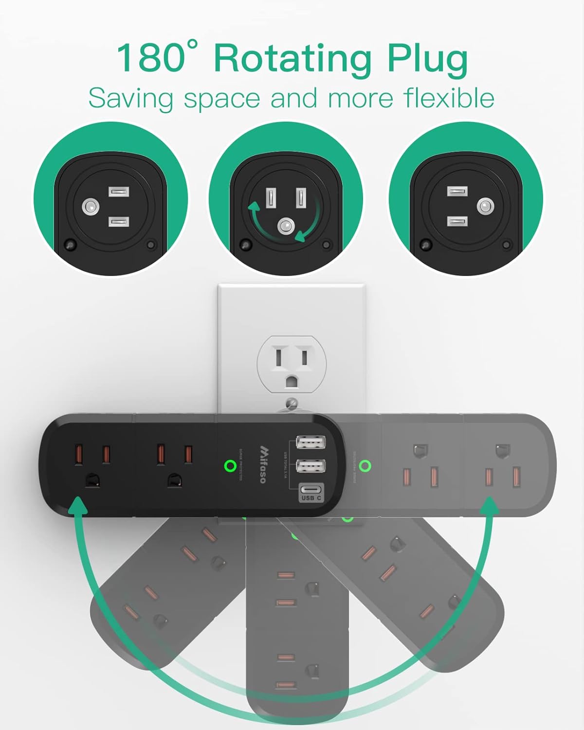 Surge Protector USB Outlet Extender with Rotating Plug, 6 AC Multi Plug Outlet and 3 USB Ports (1 USB C), 3-Sided Swivel Power Strip Outlet Splitter for Home, Dorm Room Essentials (2 Pack)