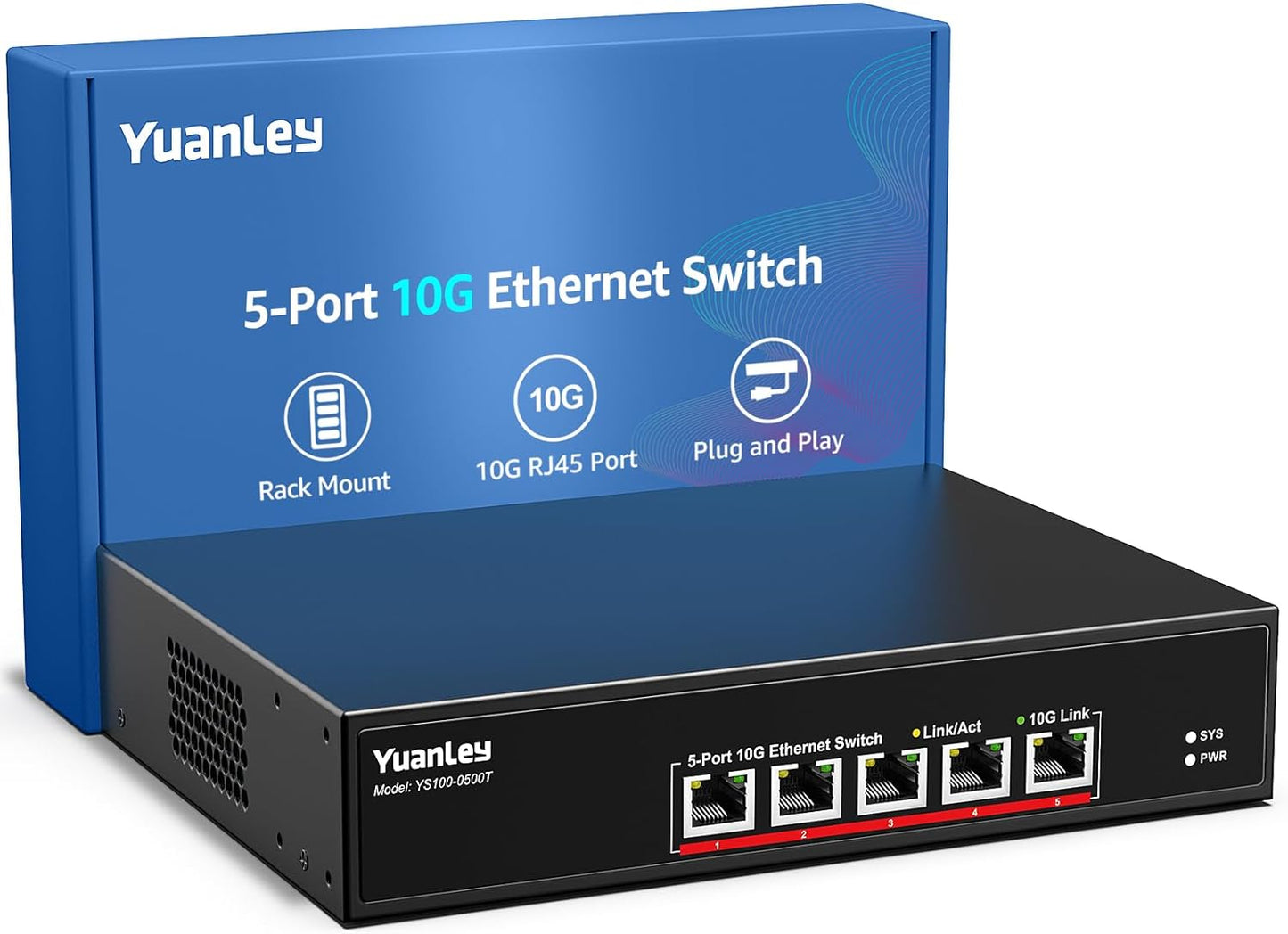 YuanLey 5 Port 10G Ethernet Switch, 5 x 10Gbps RJ45 Ports, Support 10G/5G/2.5G/1G/100Mbps Speed Auto-Negotiation, 100Gbps Switching Capacity, Unmanaged Switch Rackmountable, Plug and Play