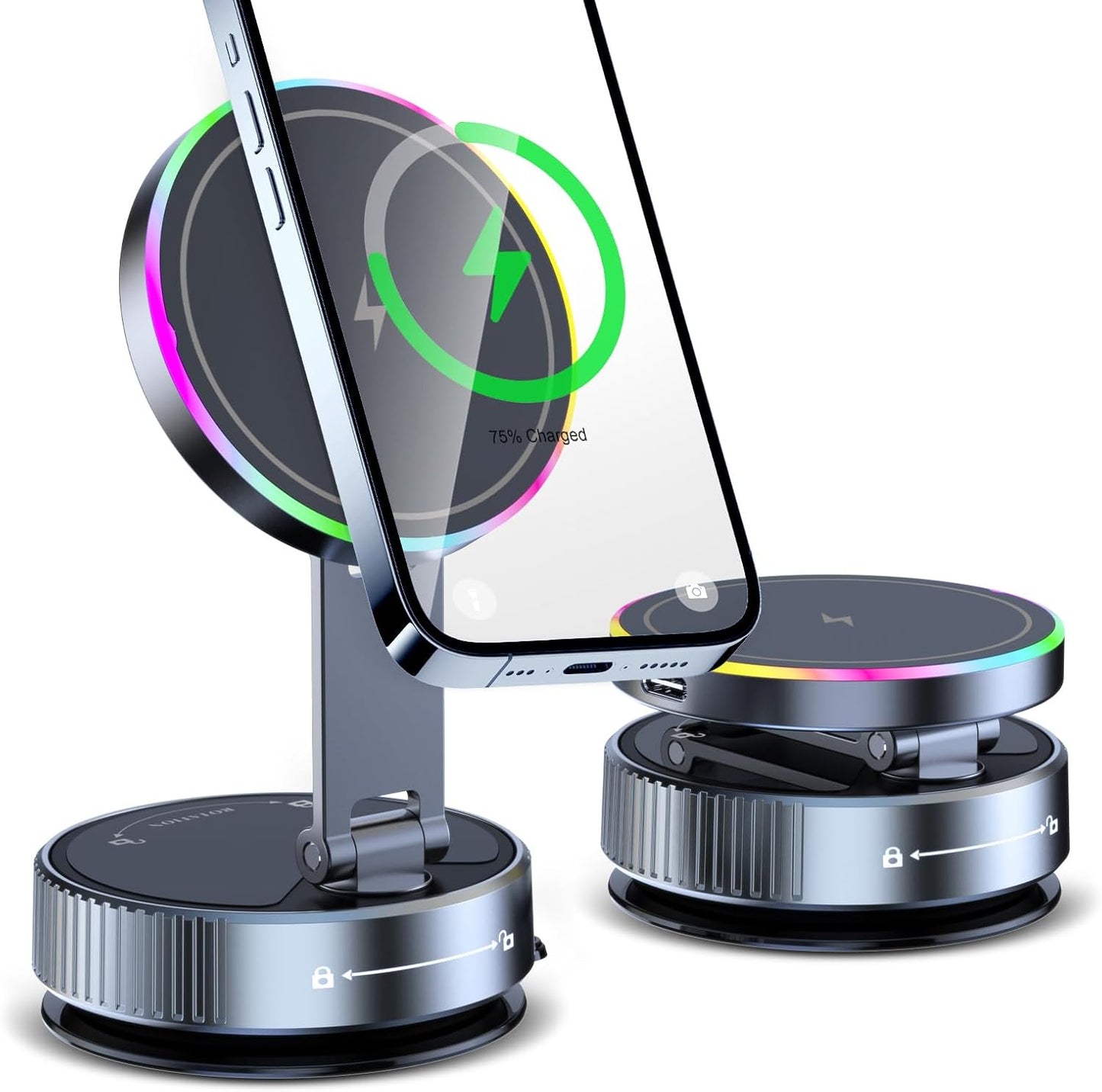 Wireless Charger Car Phone Holder for Magsafe,360°Adjustable Vacuum Magnetic Phone Holder,Nano Gel Suction Cup/RGB Light Suction Cup Mount for Non Smooth Surfaces Compatible iPhone&Android