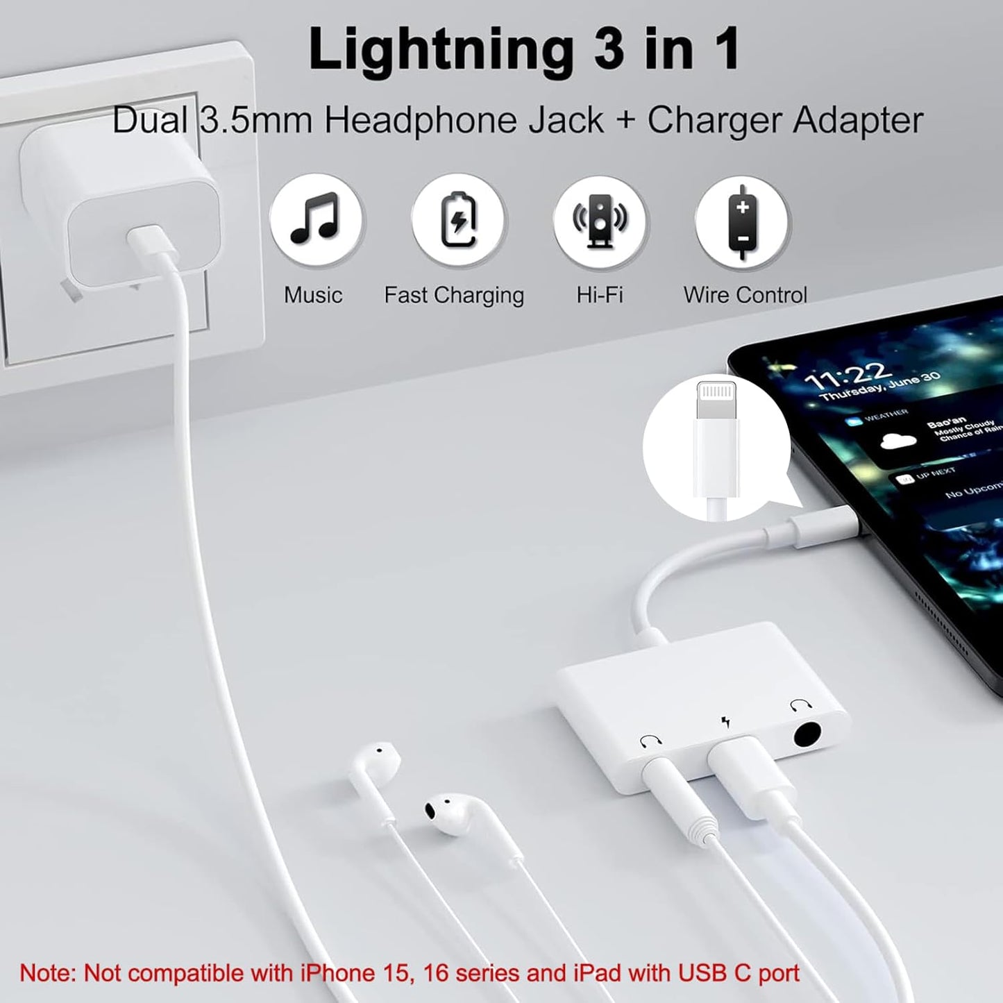 3 in 1 Dual 3.5mm Headphone Jack Adapter - Earphone Jack Audio and Charging Adapter - Headphone Splitter for iPhone 14/13/ 12/11/ X/ 8 - White