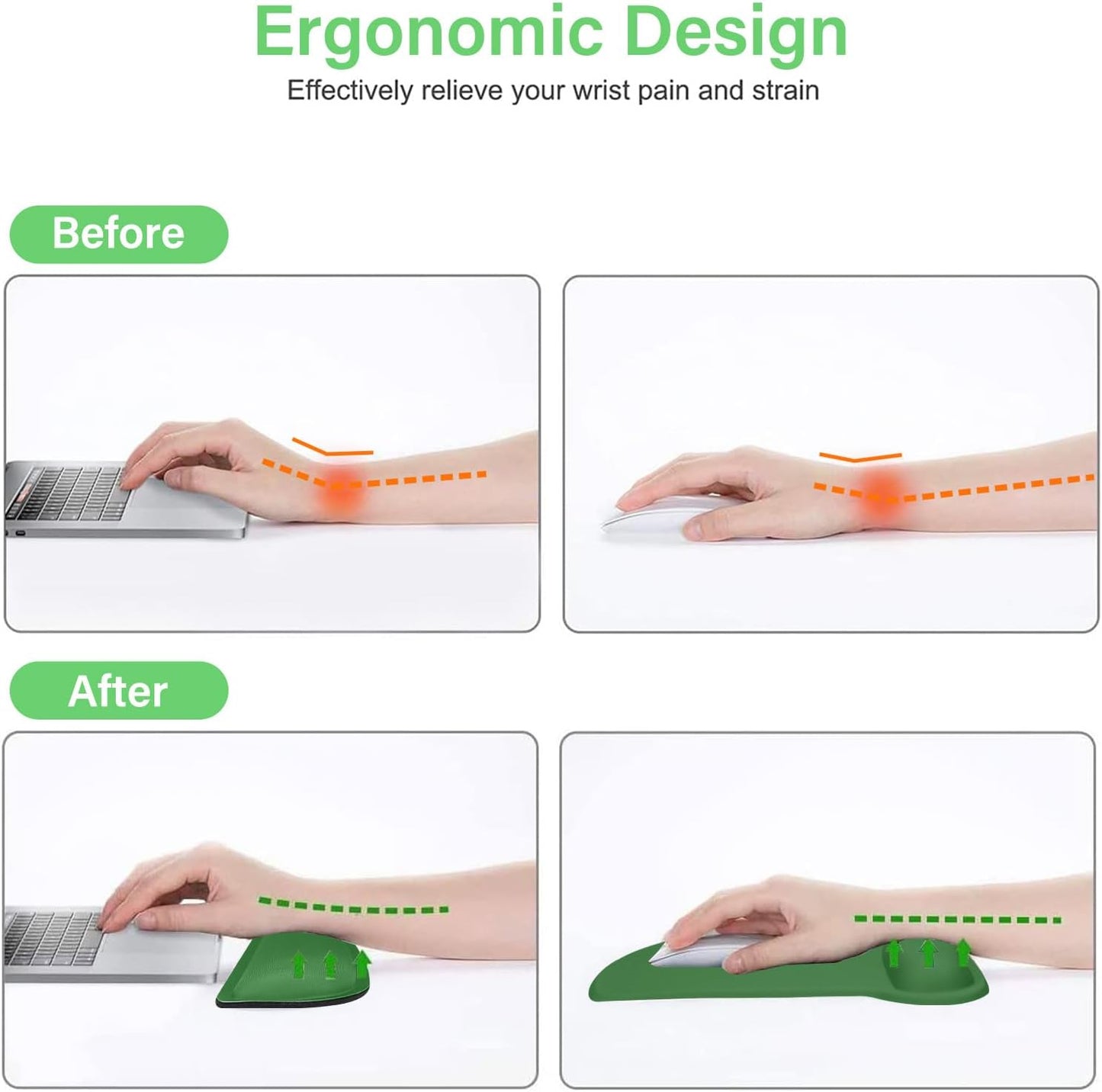 MOSISO Wrist Rest Support for Mouse Pad & Keyboard Set, Ergonomic Mousepad Non-Slip Base Home/Office Pain Relief & Easy Typing Cushion with Neoprene Cloth & Raised Memory Foam, Jungle Green