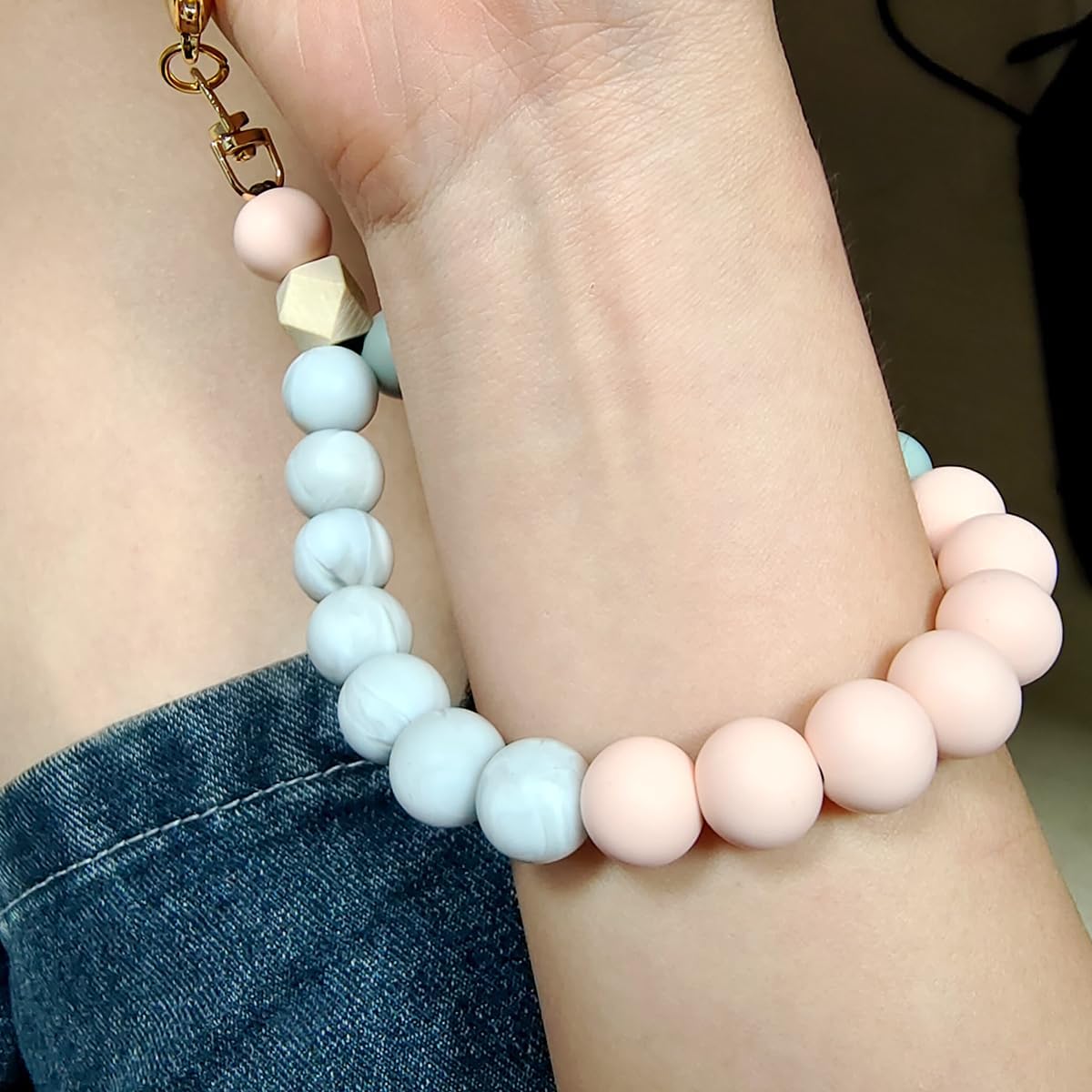 Marble Silicone Beaded Phone Wrist Strap, Cellphone Lanyard with Tether Tab, Elastic Hands-Free Wristlet Bracelet