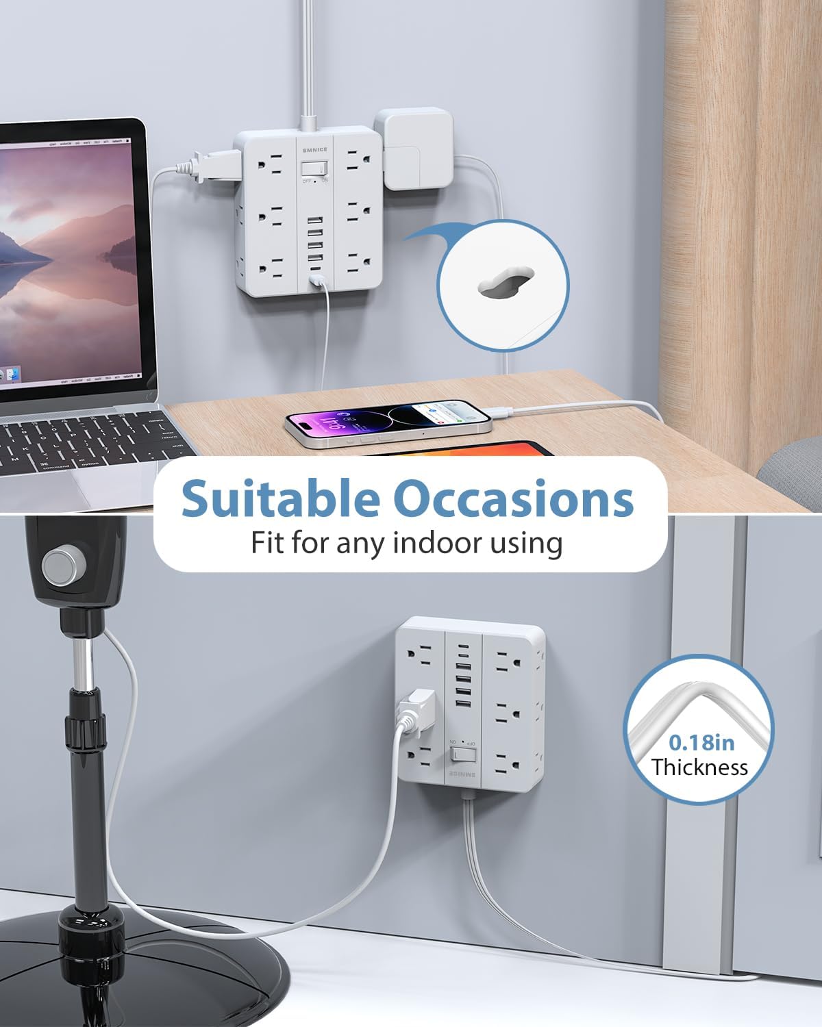 Power Strip Surge Protector 10ft Extension Cord,SMNICE Flat Plug with 12 Outlets 6 USB(2 USB C),Surge Protector Charging Station with Overload Protection for Home, Dorm,Office