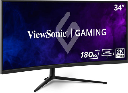 ViewSonic VX3418C-2K 34 Inch UltraWide QHD 1440p Curved Gaming Monitor with 180Hz, 1ms, 21:9, Advanced Ergonomics, FreeSync Premium, HDR10, HDMI, and DisplayPort Inputs