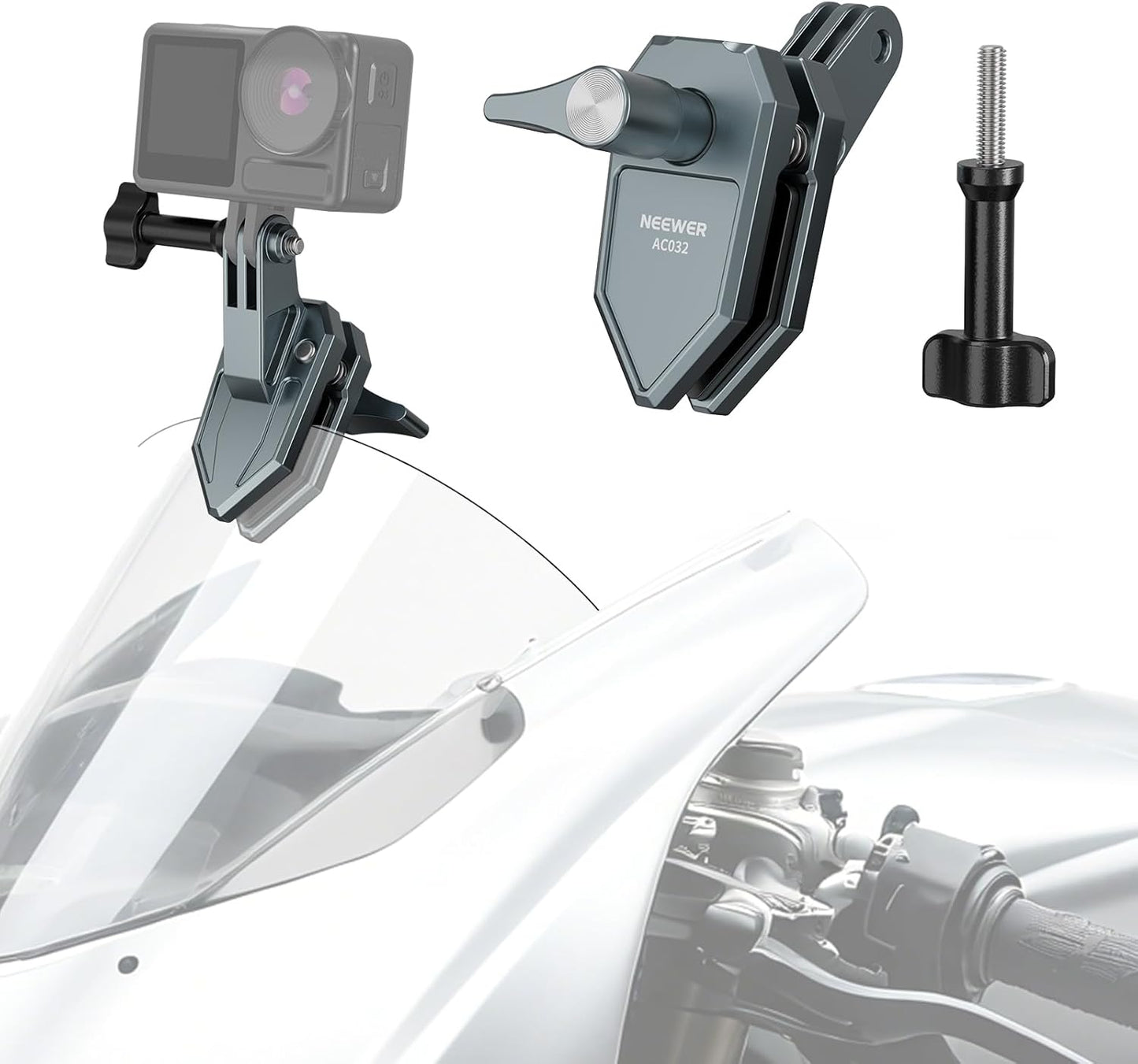 NEEWER Motorcycle Windshield Action Camera Clamp Mount, Aluminum Alloy Clip with 3 Prong Adapter & 1/4" Screw Hole Compatible with GoPro Hero 13 12 DJI Adapters for POV Video Recording, AC032