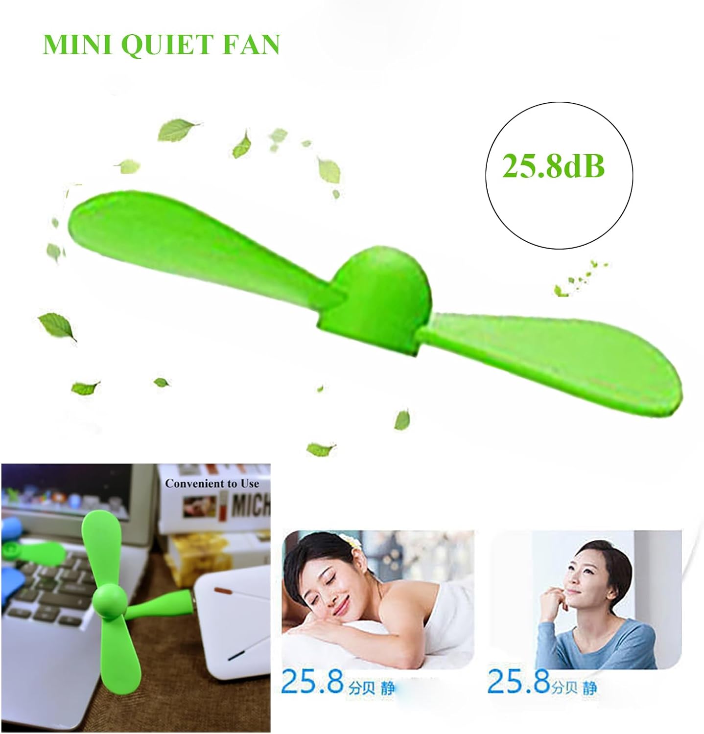 Mini USB Fan, Portable Pocket Fan USB-A Powered Little Cooler, Quiet Operation, for Home Office Car Outdoor Travel- 4 Pack (Green)