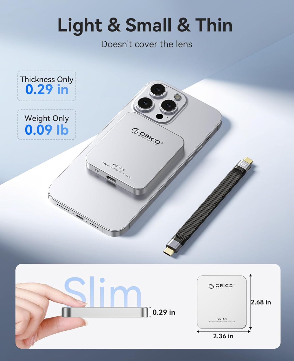 ORICO 1TB Magnetic External SSD, Aluminum Alloy, Up to 2000MB/s, 4K 120Hz ProRes HDR Record and Store, External Solid State Drive, Compatible with iPhone 16 Pro Max, Tablet, Computer - K20MINI