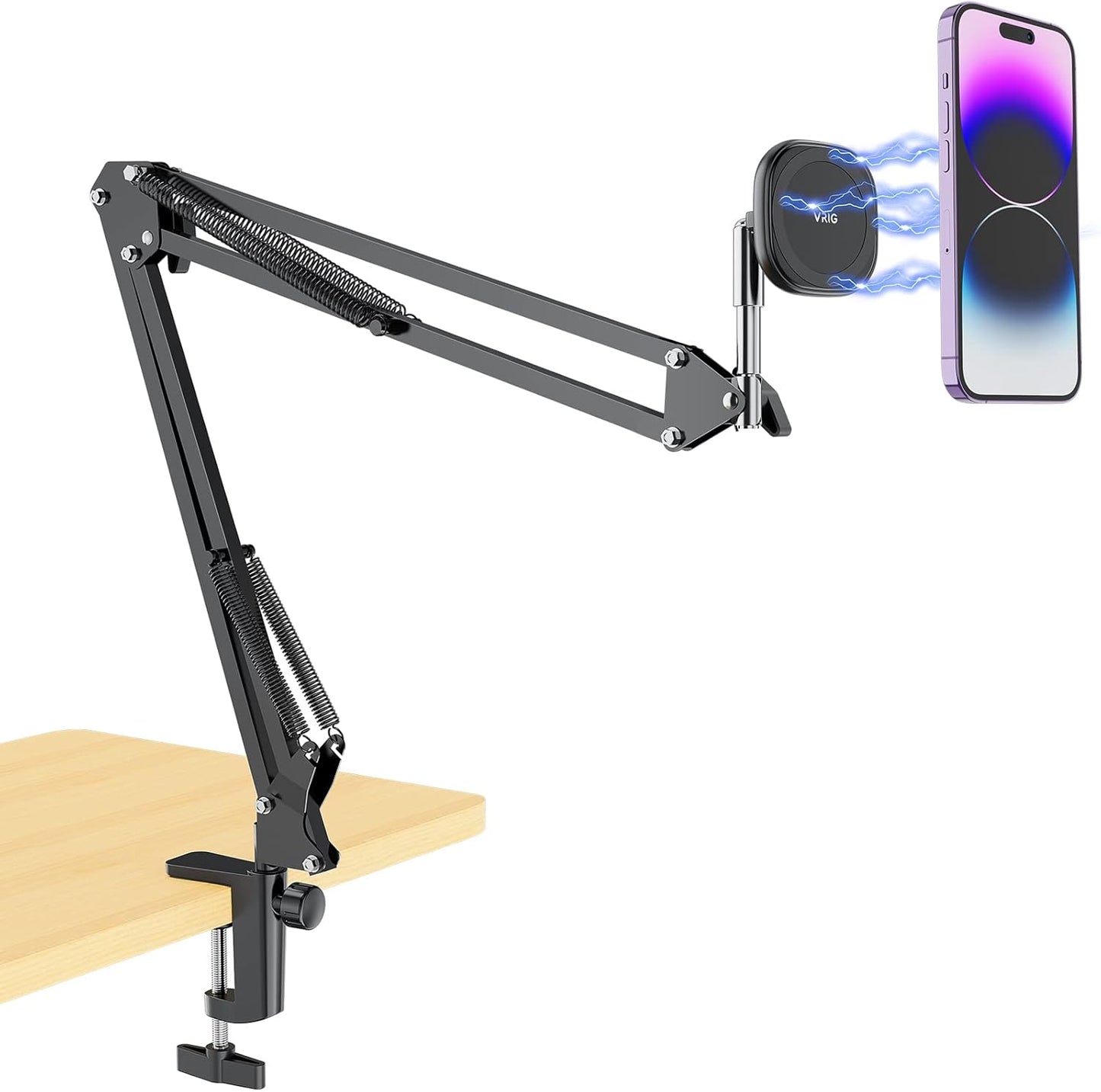 UURIG Overhead Phone Mount Stand with Magsafe, Articulating Arm Cell Phone Holder for Desk, Cell Phone Holder for Live Streams, Zoom Calls, Online Teaching, Selfies, Remote Working